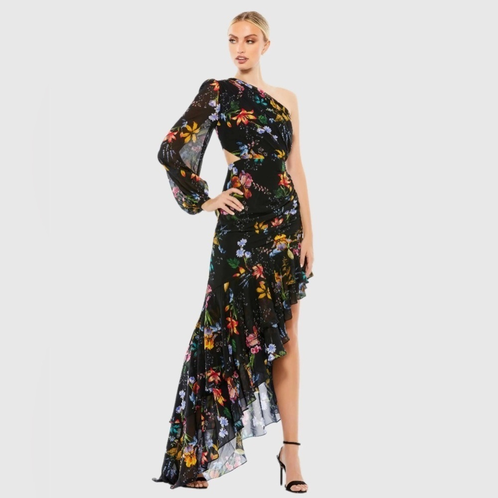 Mac Duggal Floral One Sleeve Cut Out Dress Chiffon